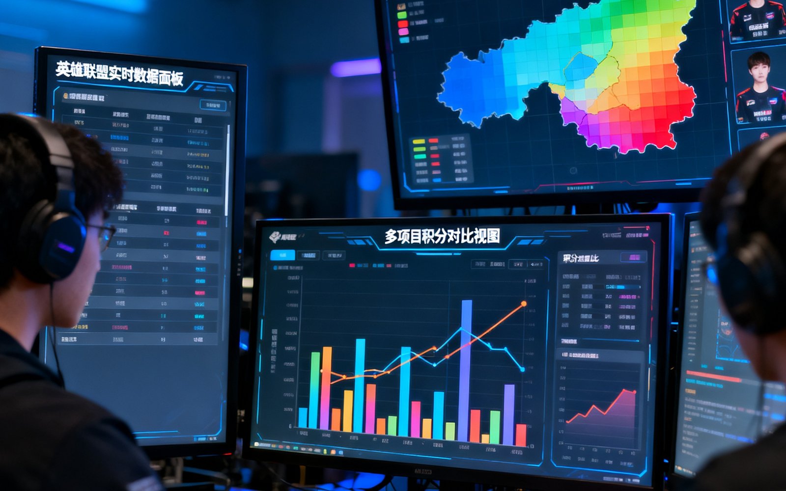 EWC电竞观察数据团队的多屏幕工作台，左侧显示英雄联盟实时数据面板，右侧展示CS2选手热区分布图，中间屏幕为多项目积分对比视图