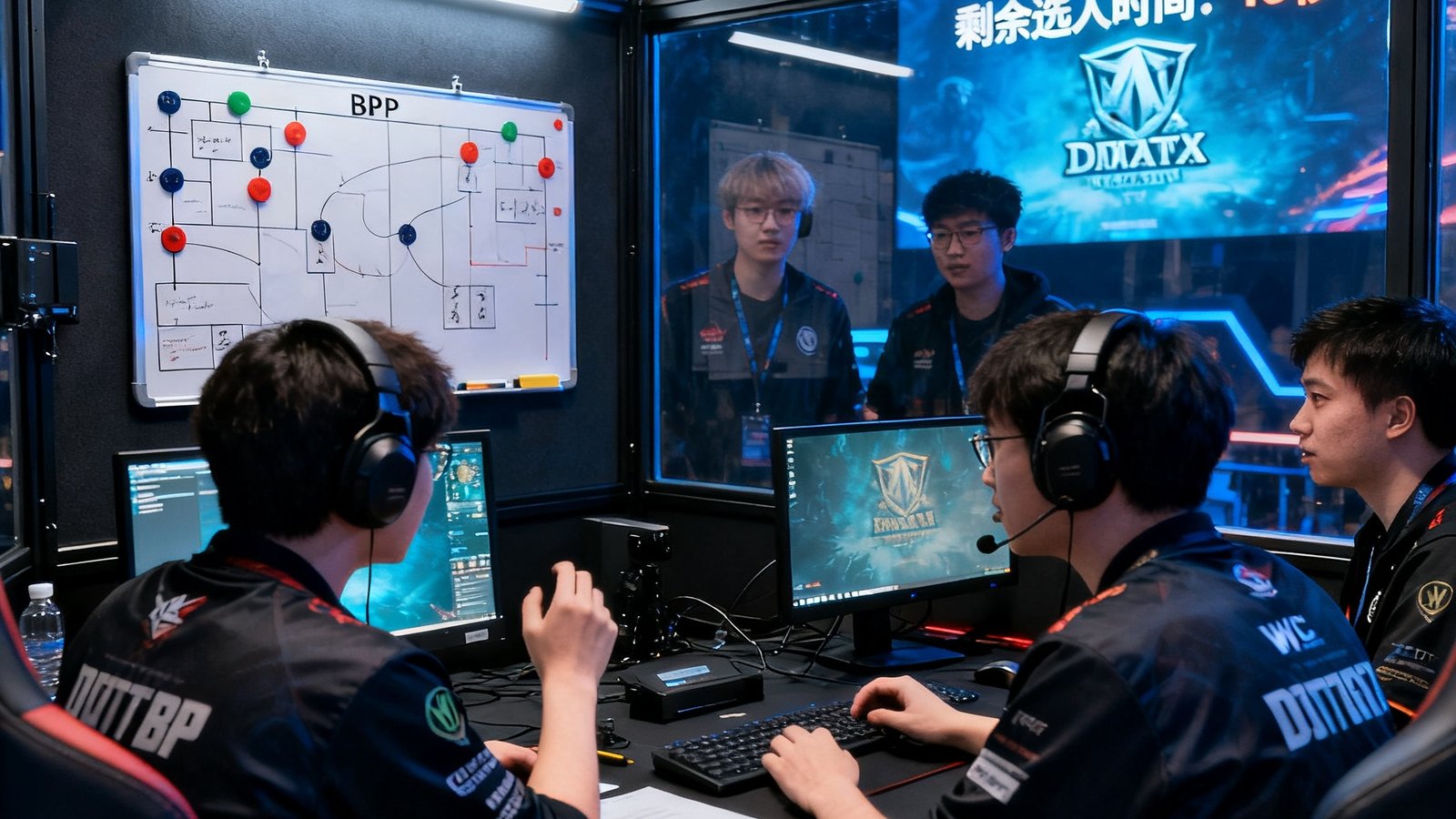 EWC电竞世界杯DOTA2项目决赛BP阶段，双方教练在隔音房内激烈讨论，大屏幕显示剩余选人时间仅剩15秒
